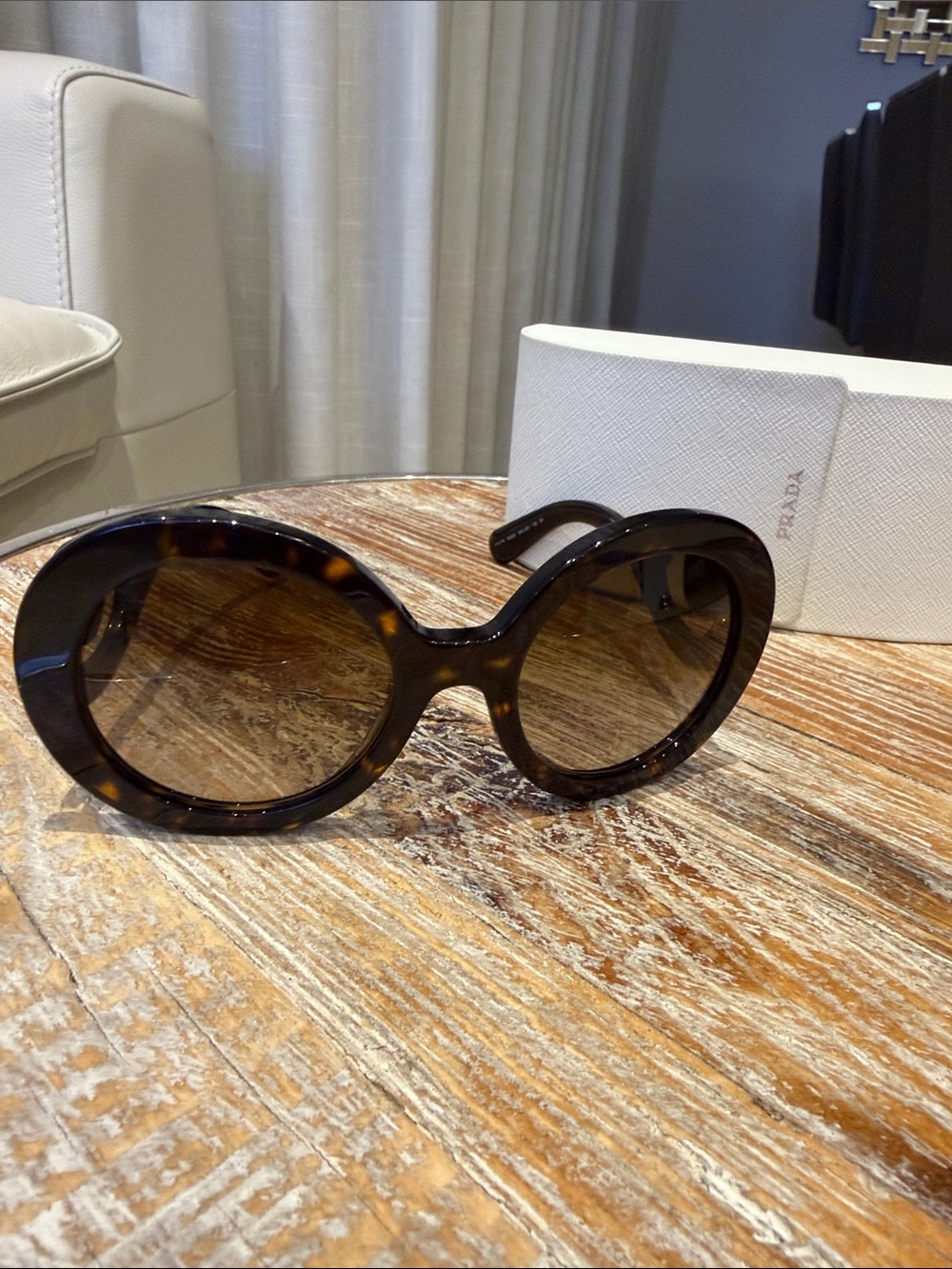 Prada Tortoiseshell Swirl-Arm Round Sunglasses - Brown Lenses - Picture 2 of 5